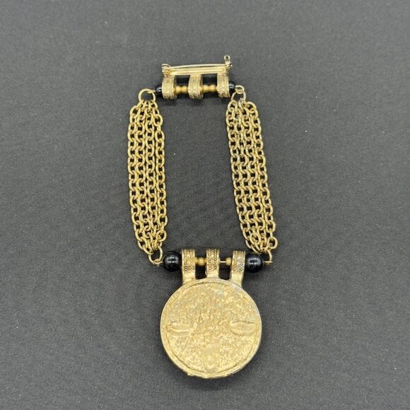 Vintage Egyptian Revival Gold Tone Chain Statement Brooch Pin Black Cabochons - Picture 5 of 14
